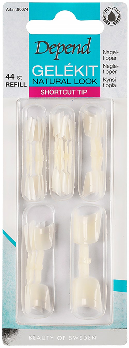 En box innehåller sex nageltippar, mest vita med några klara delar, används för att forma naglar.
