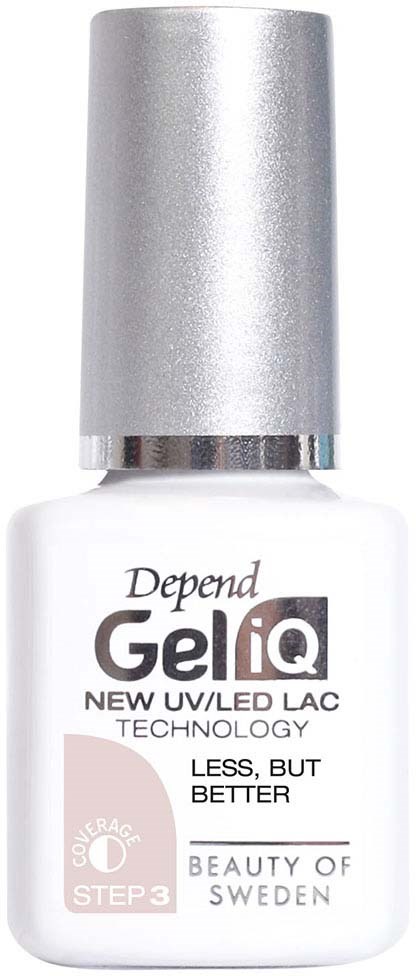 En vit nagellackflaska med silverlock, märkt 'GeliQ' och 'NEW UV/LED LAC TECHNOLOGY'.