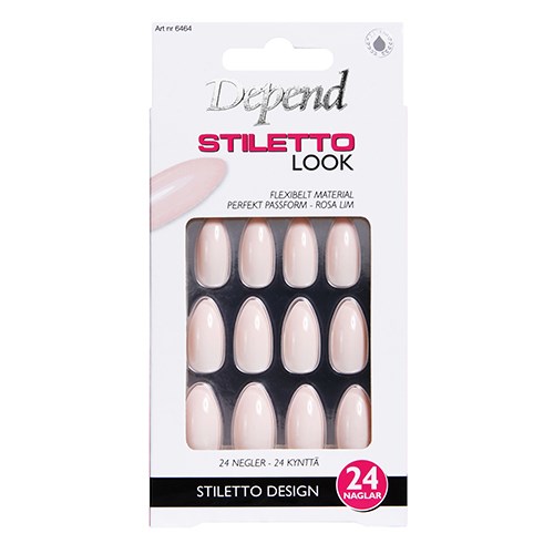En ask med 24 konstgjorda naglar i en naturlig ljusrosa färg, avsedda för nageldekoration, märkt 'Stiletto.'