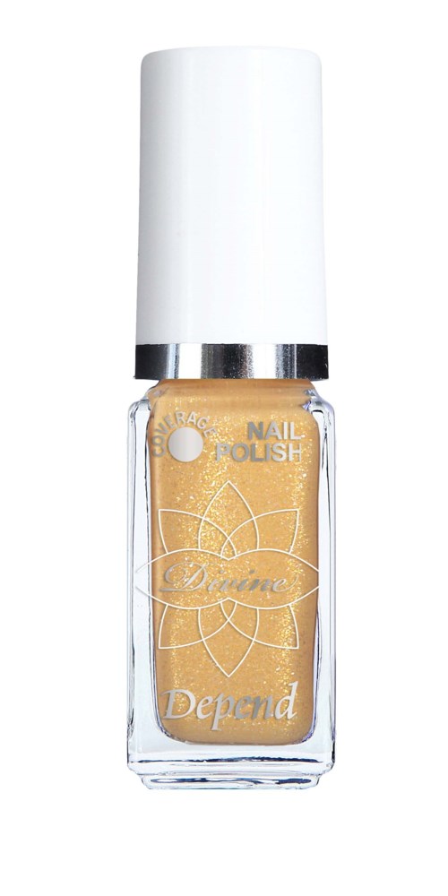En flaska beige nagellack med vit lock, märkt "Depend" och "Nail Polish".