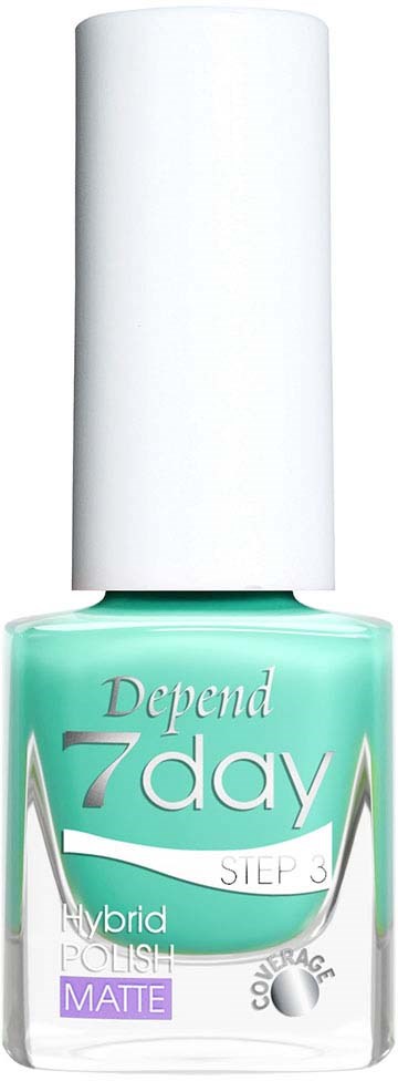 Butelka lakieru do paznokci w odcieniu miętowym, oznaczona 'Depend 7day Hybrid Polish Matte' z białą nakrętką.