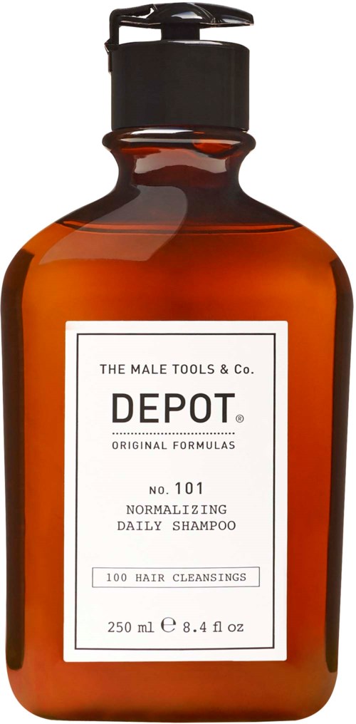 En brun flaske med pumpe mærket 'DEPO' til mænds daglige shampoo, 250 ml, til hårrensning.