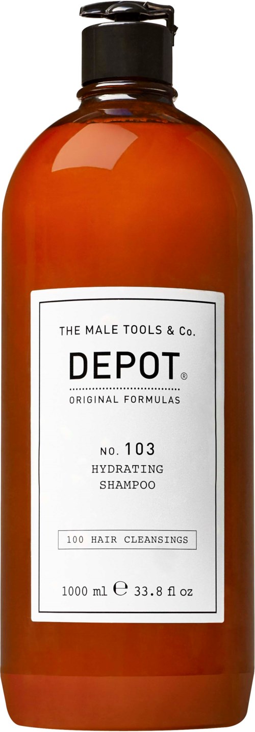 A large brown bottle with a pump; label reads 'Depot Hydrating Shampoo' for hair cleansing, 1000 ml.