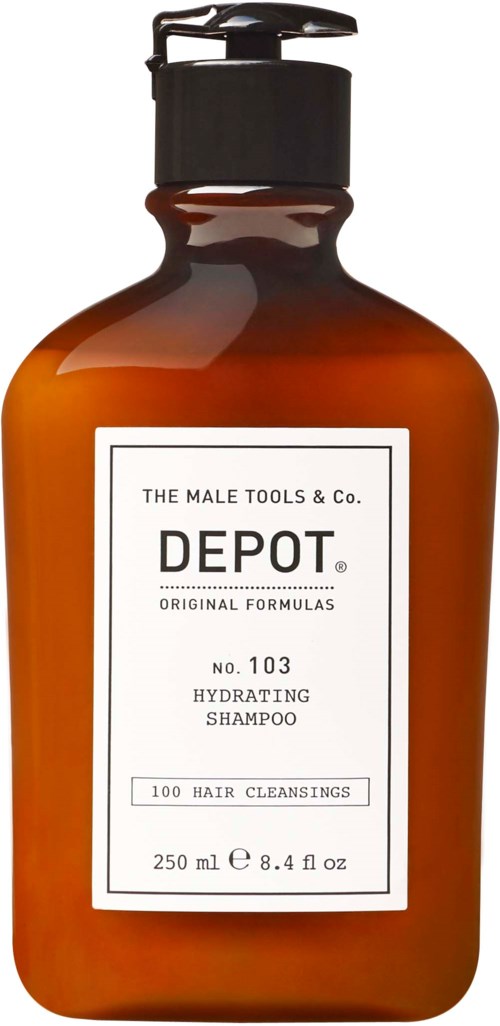 A brown bottle with a black lid contains DEPOT hydrating shampoo for hair cleansing, with 250 ml volume.