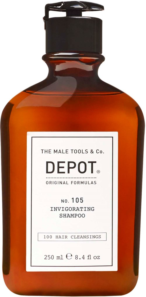 A brown shampoo bottle with a black pump, labeled 'Depot, Invigorating Shampoo, for hair cleansing, 250 ml.'