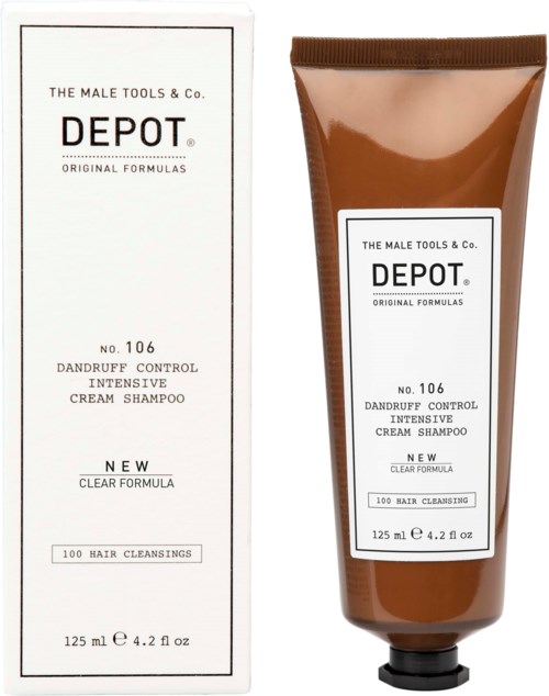 En brun tube Dandruff Control Intensive Cream Shampoo ved siden af sin hvide æske. Begge har lignende etiket og mærke.