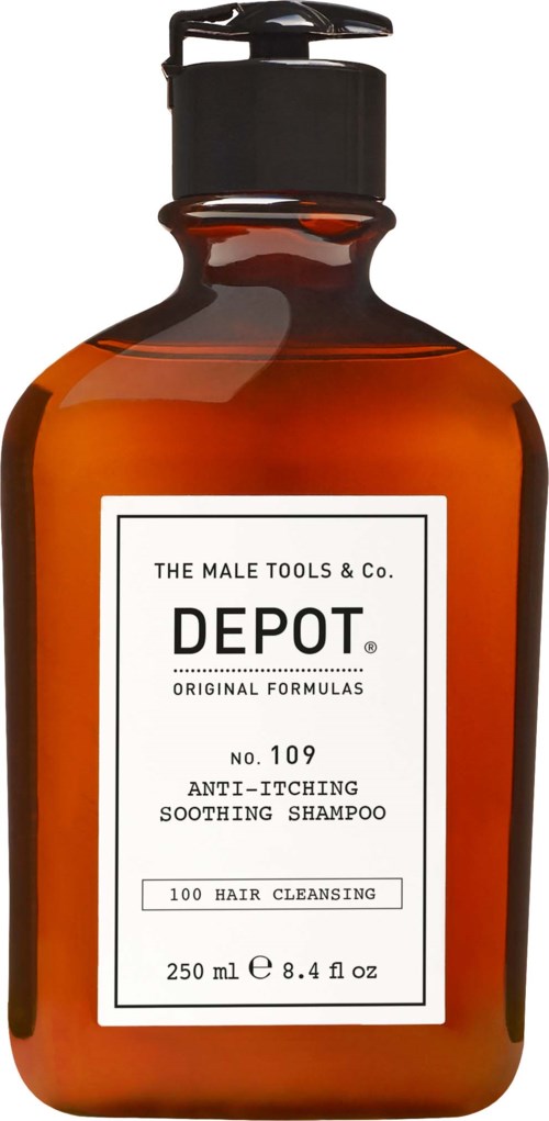 A brown bottle with a black pump, labeled with "DEPOT" and mentions anti-itch soothing shampoo.