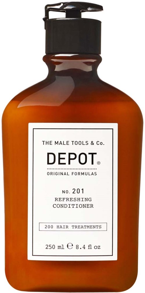 A brown bottle with a white label and black cap. The label says it is a refreshing hair conditioner for men.