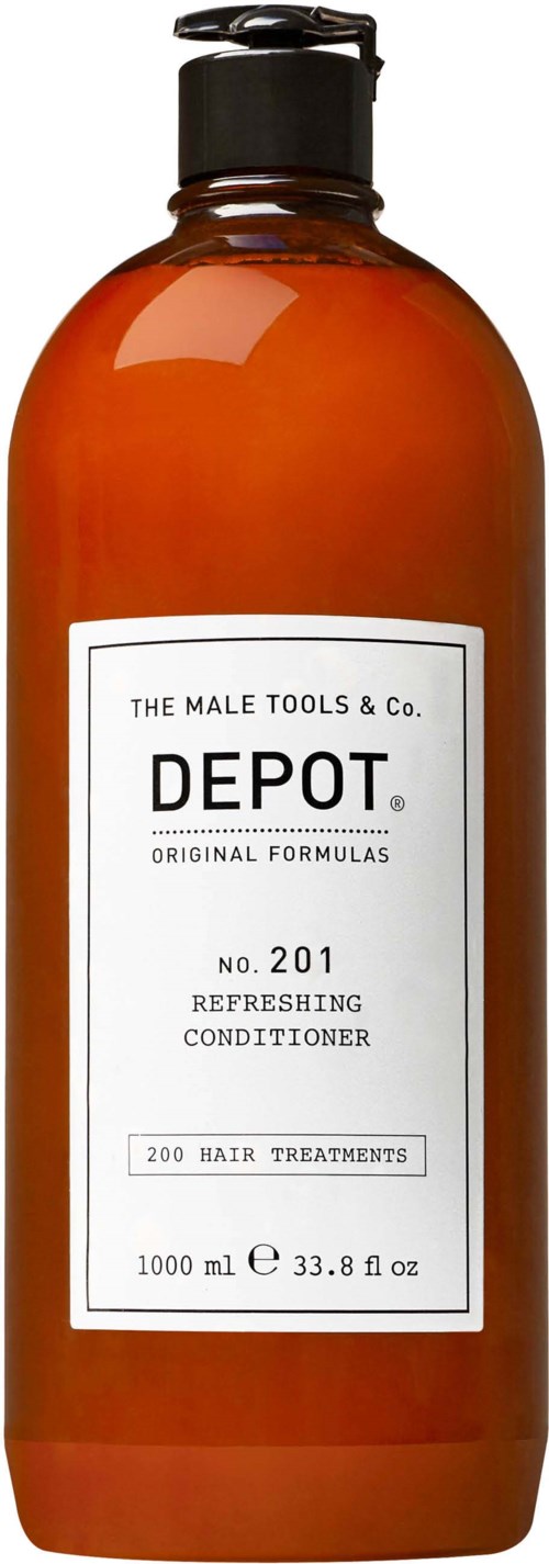 An amber bottle with a black cap, labeled DEPOT. It is a conditioner for hair with 200 treatments, 1 liter.