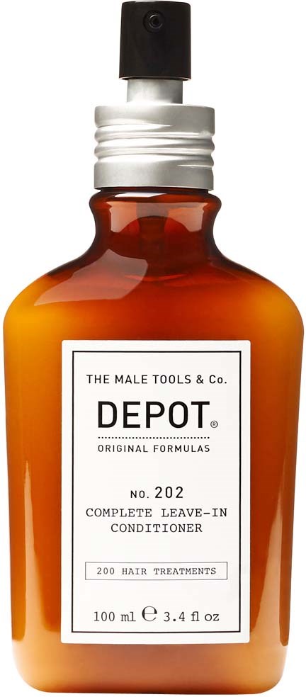 A brown bottle with a black spray cap, labeled as Depot leave-in conditioner for hair, containing 100ml.