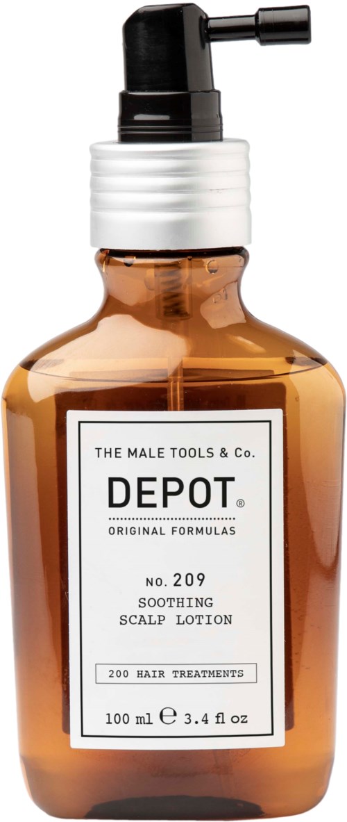 Ruskea pullo, jossa musta pumppu, merkinnällä "Depot Soothing Scalp Lotion" hiustenhoitoon.