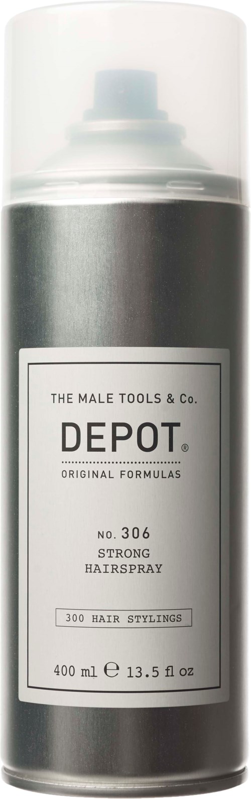 En svart og hvit sprayboks merket Depot sterk hårspray, 400 ml, for hårstyling.