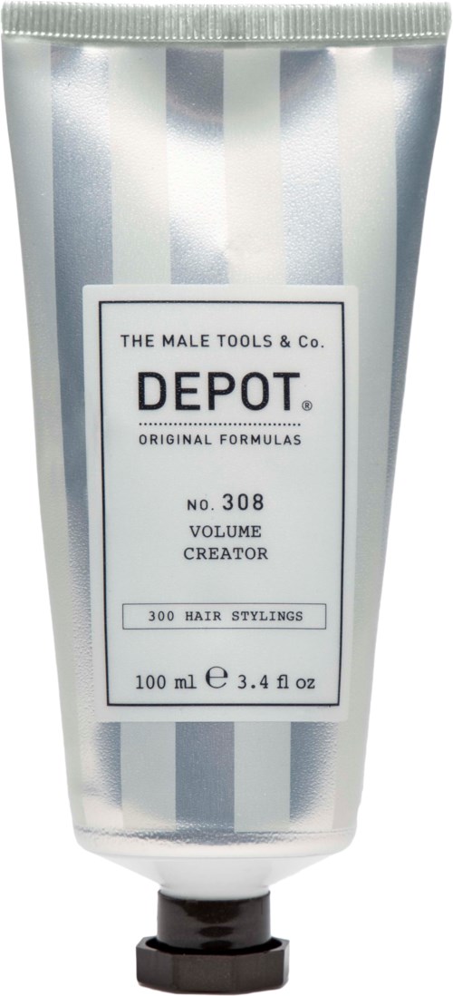 En silvervit randig tub med en etikett som säger DEPOT, volymskapare för hårstyling, 100 ml.
