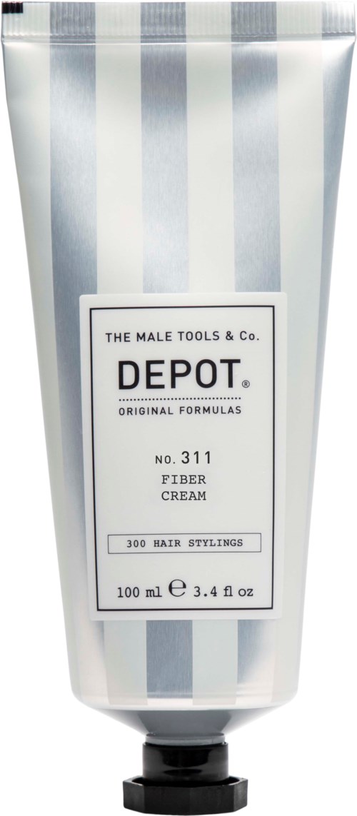 En silverrandig tub med Depot fiberkräm för hår styling, innehåller 100 ml, med svart lock.