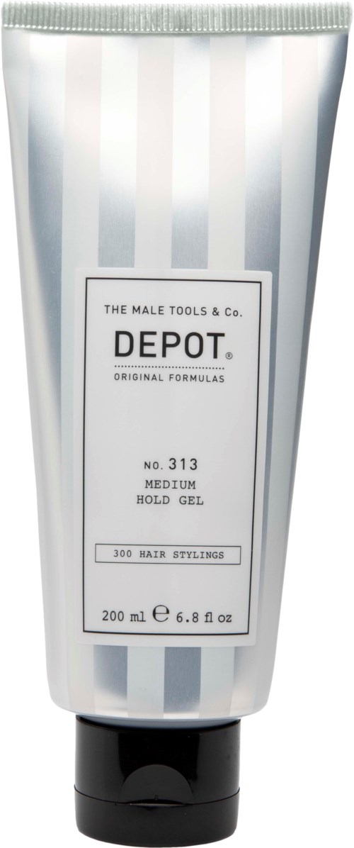 En sølv og hvit tube med svart lokk, merket Depot, størrelse 200 ml, for middels hold.