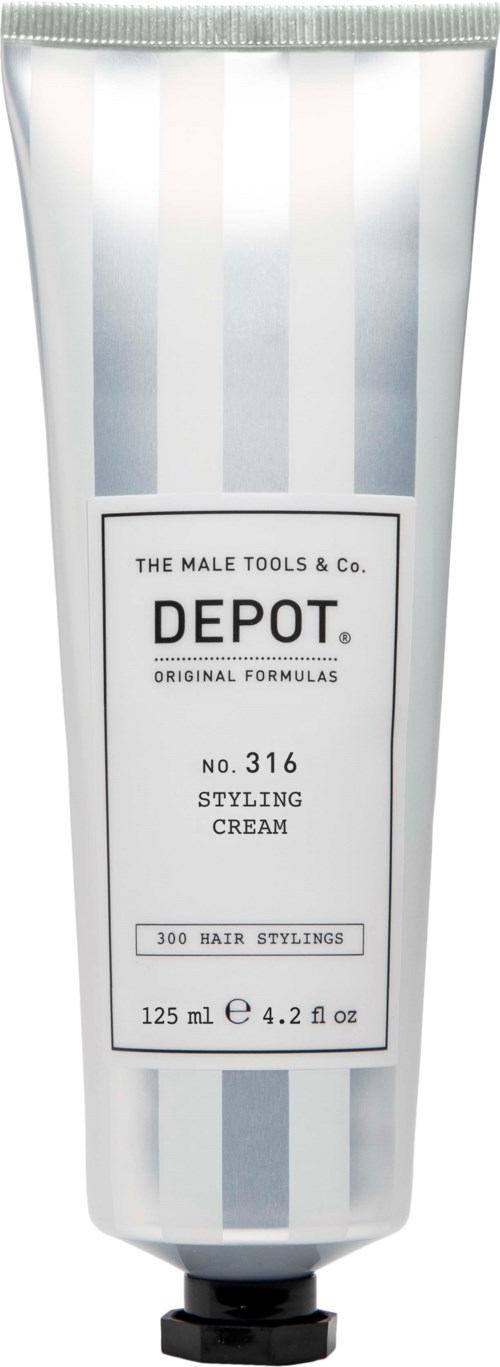 En hvit tube med grå striper, merket 'Depot Styling Cream' av The Male Tools & Co., inneholder 125 ml.