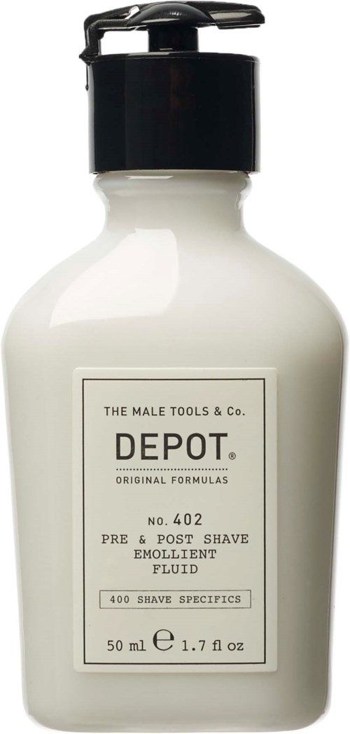 Een witte fles met een zwarte pomp verkoopt Depot pre- en post-shave verzachtende vloeistof, 50 ml, voor de verzorging van de huid bij het scheren.