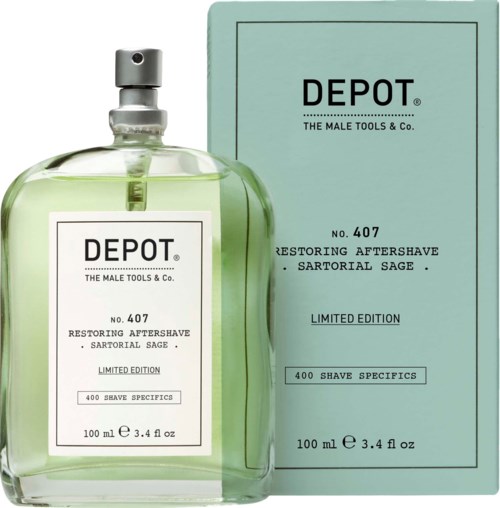 En grøn flaske og lyseblå æske til Depot restore aftershave med salvie duft, 100 ml, begrænset udgave.