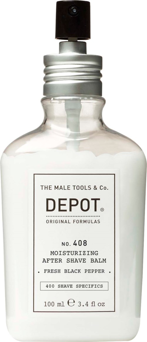 En klar flaske med svart sprayhette, merket som herre fuktighetsgivende med sort pepper duft, 100 ml størrelse.