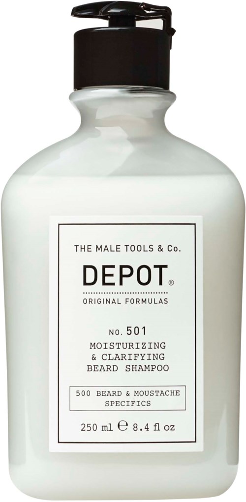 En hvid flaske med sort låg, mærket som nærende skægshampoo med 250 ml kapacitet.
