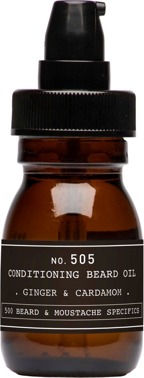 En liten brun flaske med svart pumpe merket 'Ginger & Cardamom' skjeggolje for pleie og vekst.