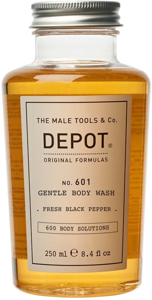 Kirkas pullo, jossa keltainen neste ja hopeinen kansi, etiketti lukee Depot Gentle Body Wash mustapippurilla, 250 ml.
