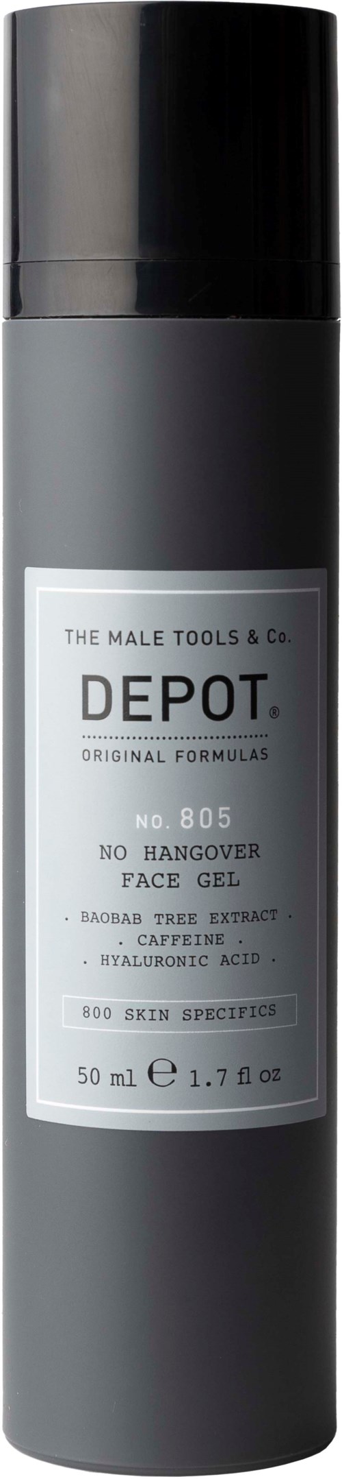 En lang, grå og svart flaske med etikett som sier "DEPOT. No Hangover Face Gel" og informasjon om ingredienser.