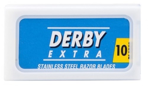 Pudełko Derby Extra z 10 stalowymi ostrzami do golenia.