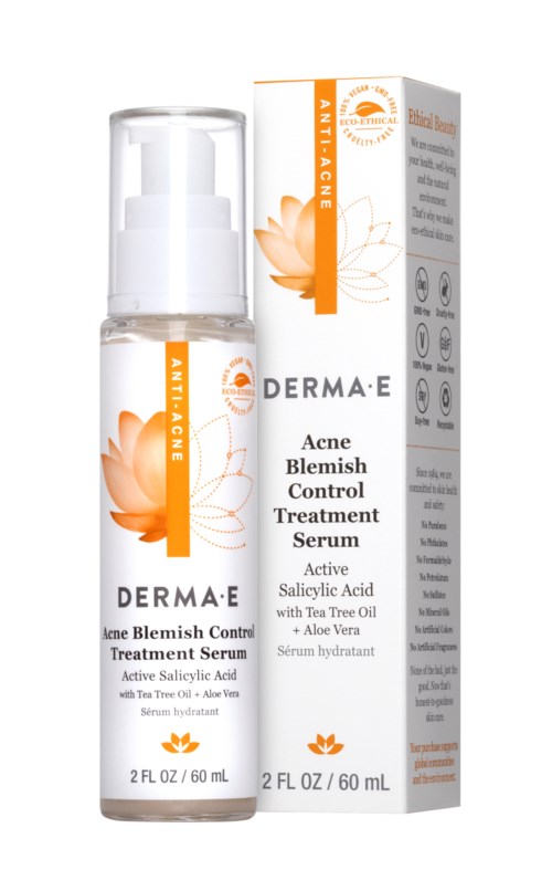 A clear bottle of acne treatment serum with a pump, next to a box with orange and white design, label mentions Aloe Vera.