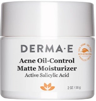 A white jar labeled Derma E, contains acne oil-control moisturizer with active salicylic acid.
