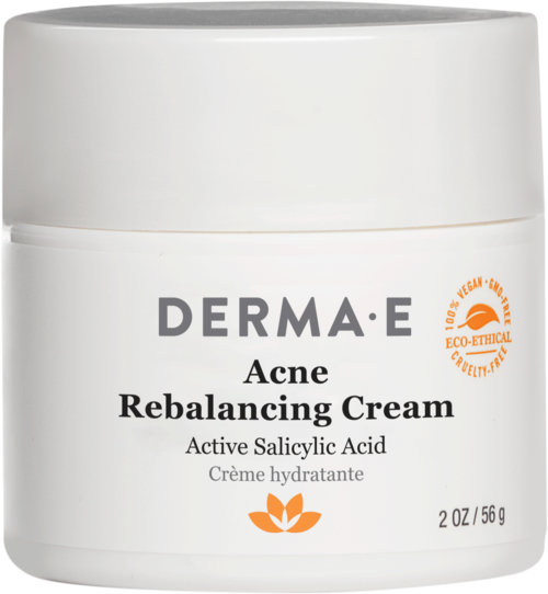 White container with label for acne cream, mentions salicylic acid and eco-ethical symbol, 56 grams.