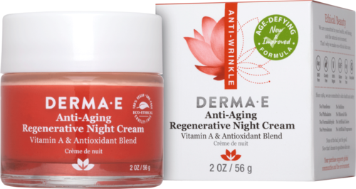A jar and box of Derma-E anti-aging night cream with vitamin A and antioxidants. Brand name and product details visible.