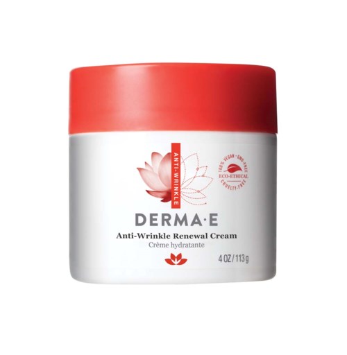 A cream jar labeled Derma-E Anti-Wrinkle Renewal Cream, with a red lid and lotus flower images, emphasizing anti-wrinkle benefits.