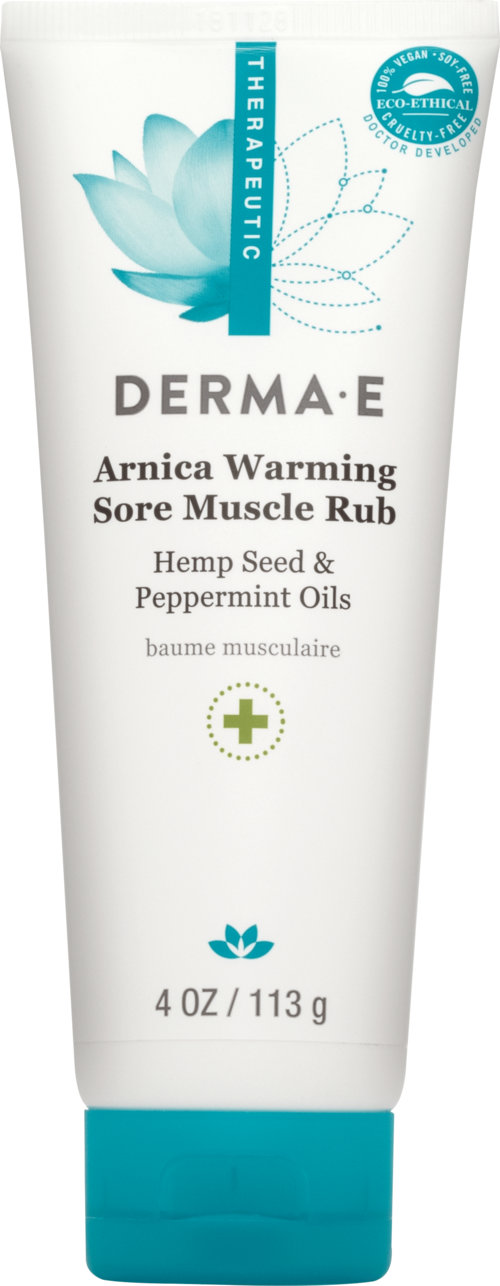 En vit tub med dermapuncing muskelrubbing, innehållande hampfrö- och pepparmyntsoljor, med blå och gröna detaljer, och text.
