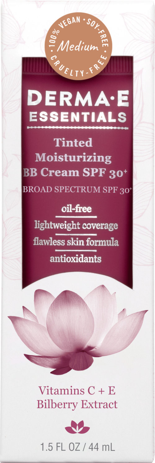 En tube af Derma-E Essentials farvet fugtighedscreme med SPF 30, lyserød farve og en lotusblomst. Fremhæver naturlige ingredienser.