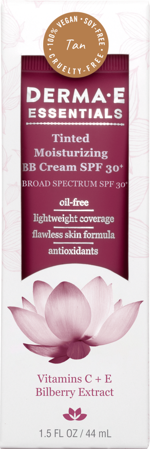 A tube of Derma E Essentials tinted moisturizer with SPF 30, featuring a lotus flower, and labeled cruelty-free, vegan, and tan.