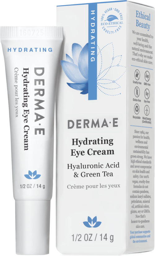 A tube of Derma E Hydrating Eye Cream with blue flower design, and a box with product details and benefits.