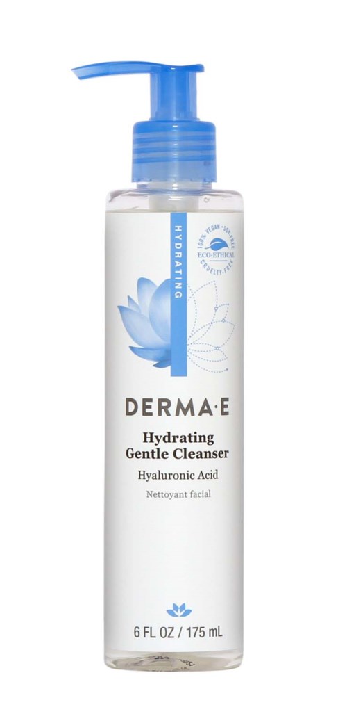 A clear bottle with a blue pump labeled Derma E Hydrating Gentle Cleanser, containing 6 fl oz. It has a floral design.