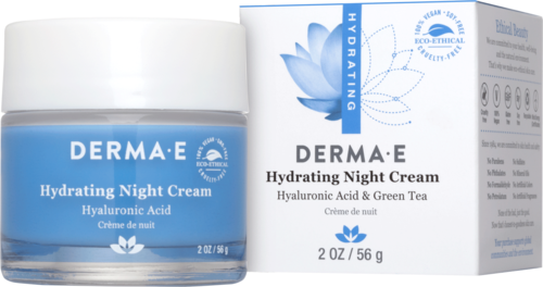 A jar and box of Derma-E Hydrating Night Cream with hyaluronic acid and green tea for skin moisture.