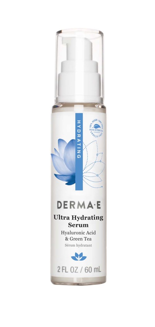 A small white bottle with a pump, labeled Derma E Ultra Hydrating Serum with blue and white design.