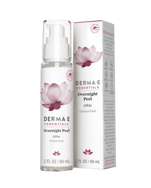 A skincare product named Derma E Essentials Overnight Peel with a lotus flower on the bottle and box.