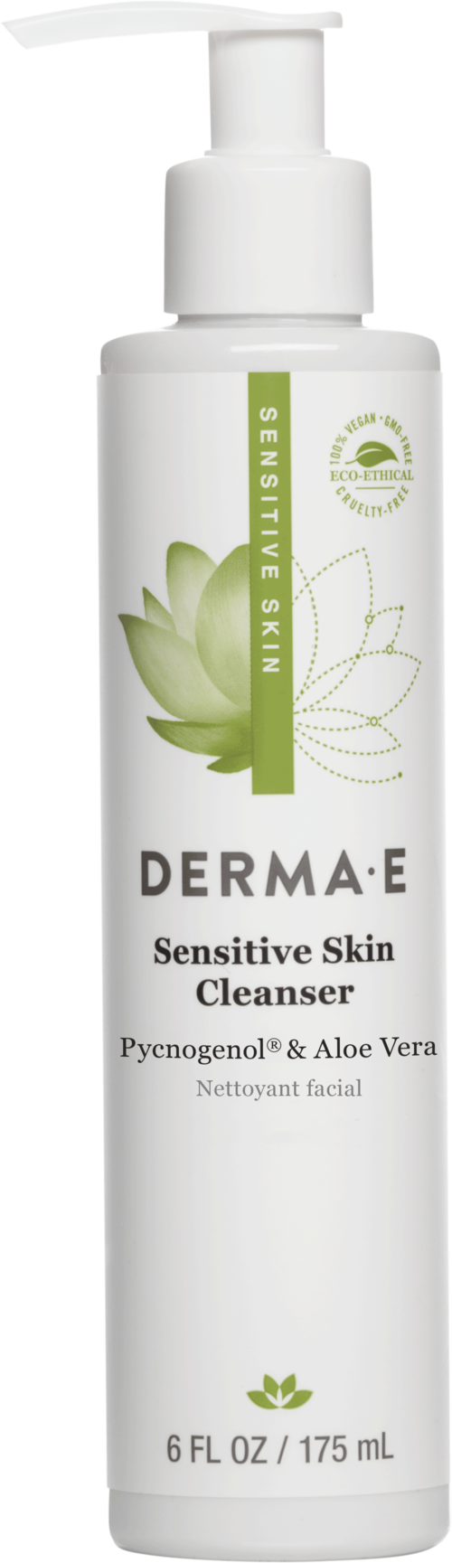 A white bottle of Derma E Sensitive Skin Cleanser with pump, labeled with green and black text and a plant image.