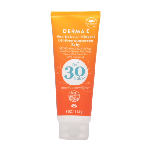 Orange tub med baby-solskyddsmedel, bredspektrum SPF 30, oljefri, innehåller zinkoxid, vitamin E, grönt te, dermatologiskt testat.