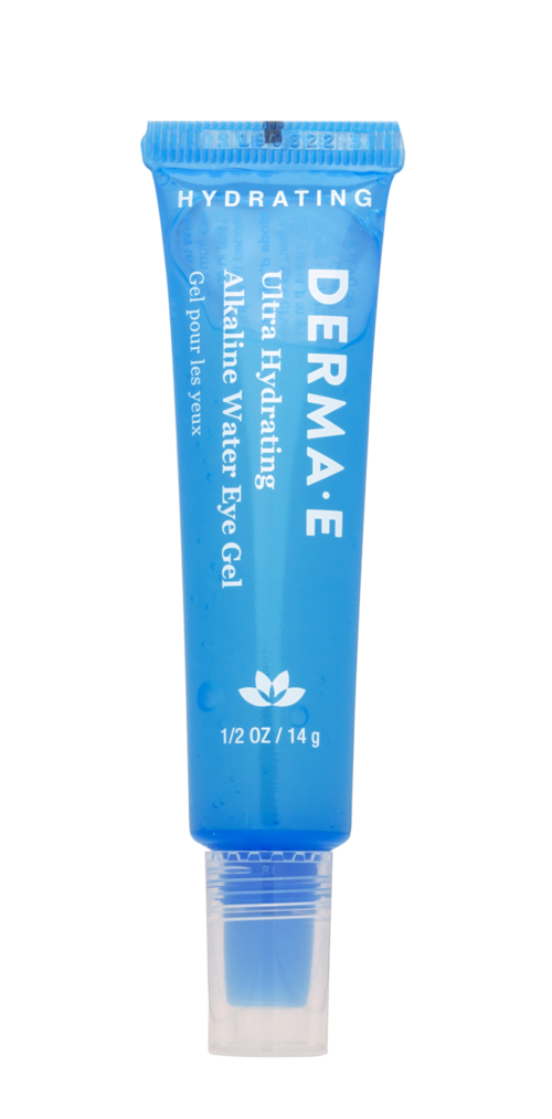 A blue tube of eye gel labeled DERM-E for hydration and calming. It contains aloe and is designed for sensitive eyes.