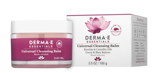 En hudvårdsprodukt kallad Derma-E Essentials Universal Cleansing Balm med en rosa och vit behållare och box.