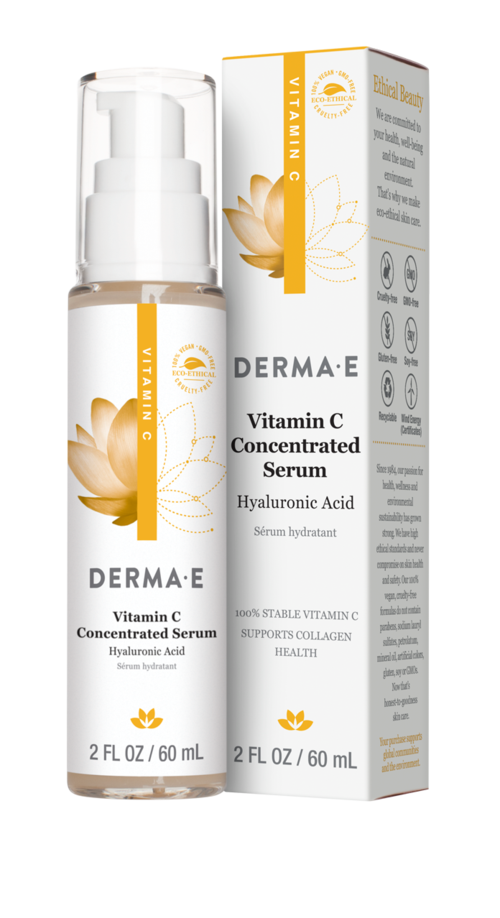 A white bottle with a pump and a box, both label it as Vitamin C serum for skin with illustrations of lotus flowers.