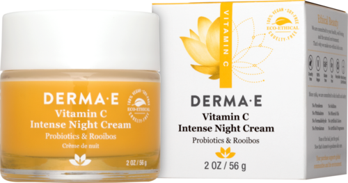 A jar of cream and box with yellow flower, says Vitamin C, for night use, with probiotics and rooibos ingredients.