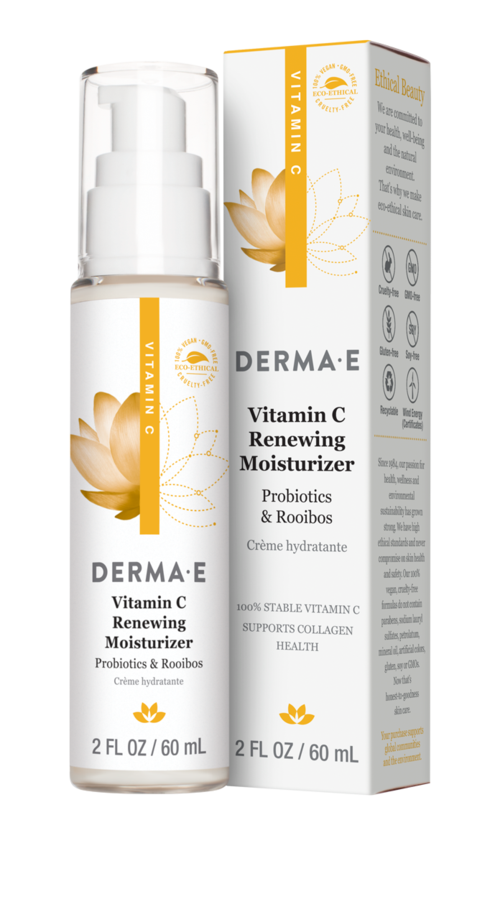 A white and gold bottle with a pump, labeled 'DERMA-E Vitamin C Renewing Moisturizer' with floral and sun symbols.