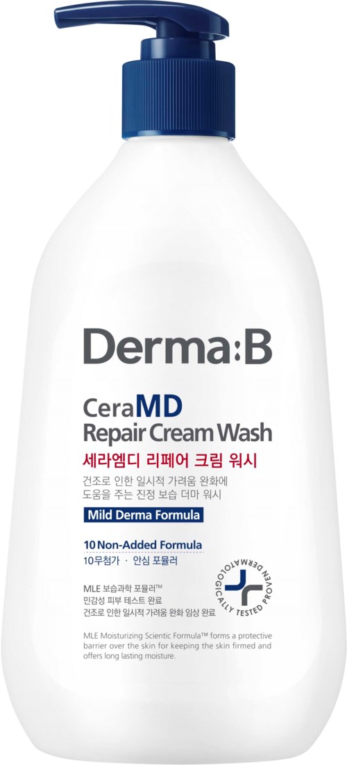Witte fles met blauwe pomp, label Derma:B CeraMD Repair Cream Wash, huidverzorging. Zacht formula, 10 geen toevoegingen.