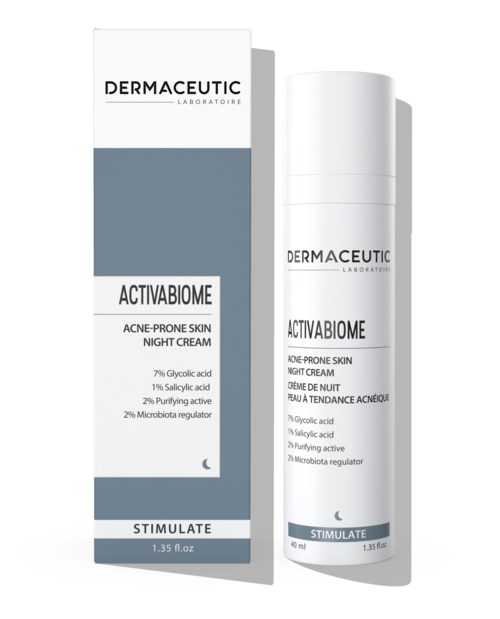 En eske og flaske med nattkrem for akneutsatt hud, merket Dermaceutic Activabiome, 1,35 fl oz og 40 ml.